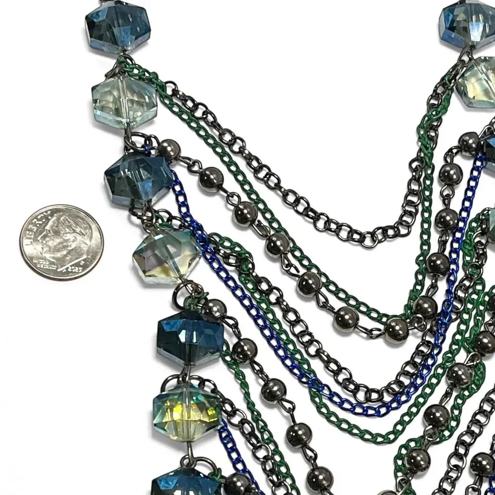 Aurora Borealis Crystal Layered Chains Necklace Chunky Beads Bib Punk Goth Sexy